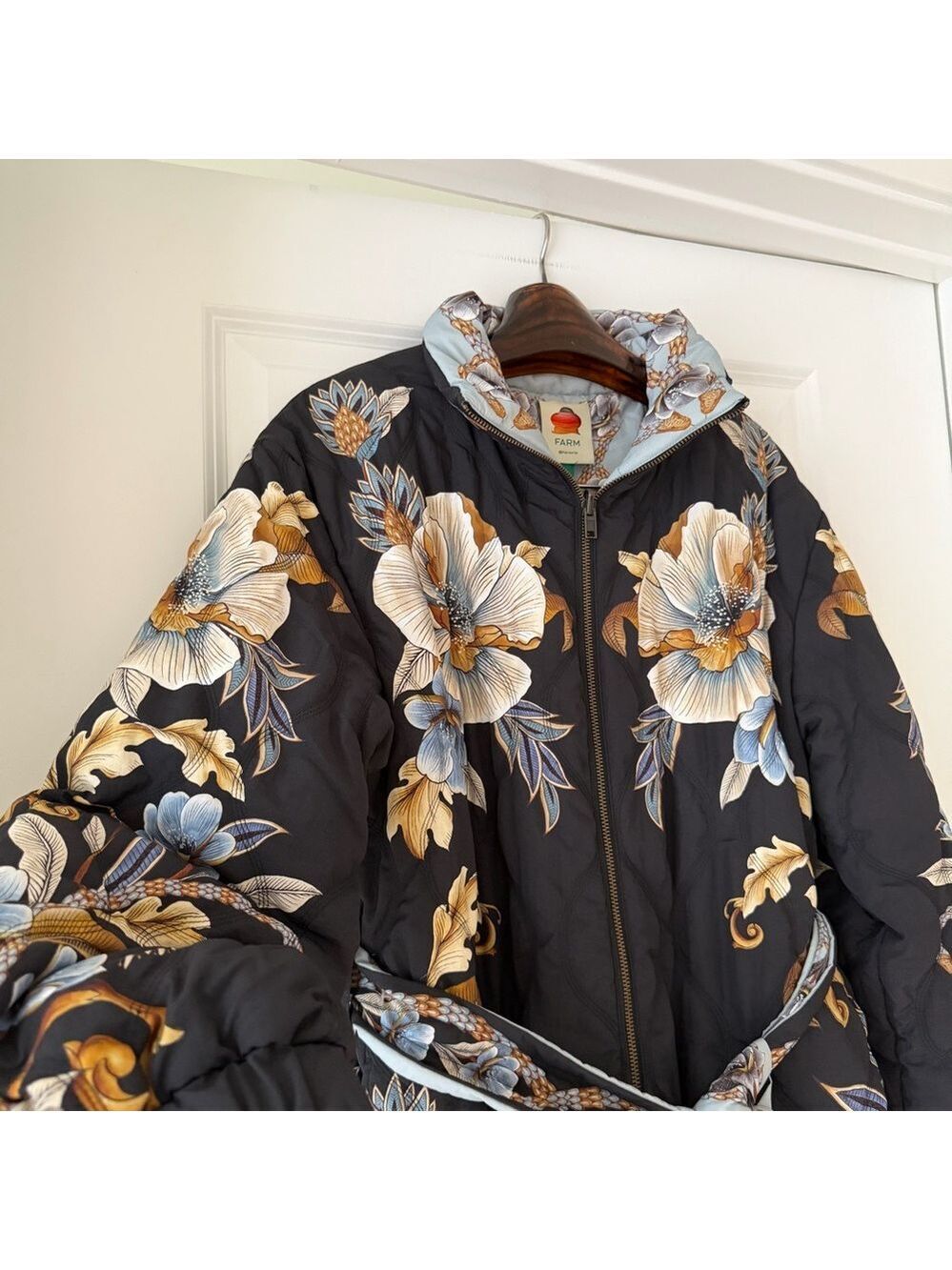 Farm Rio Black Flowerful Snake Garden Reversible Maxi Puffer Jacket - Picture 2 of 10